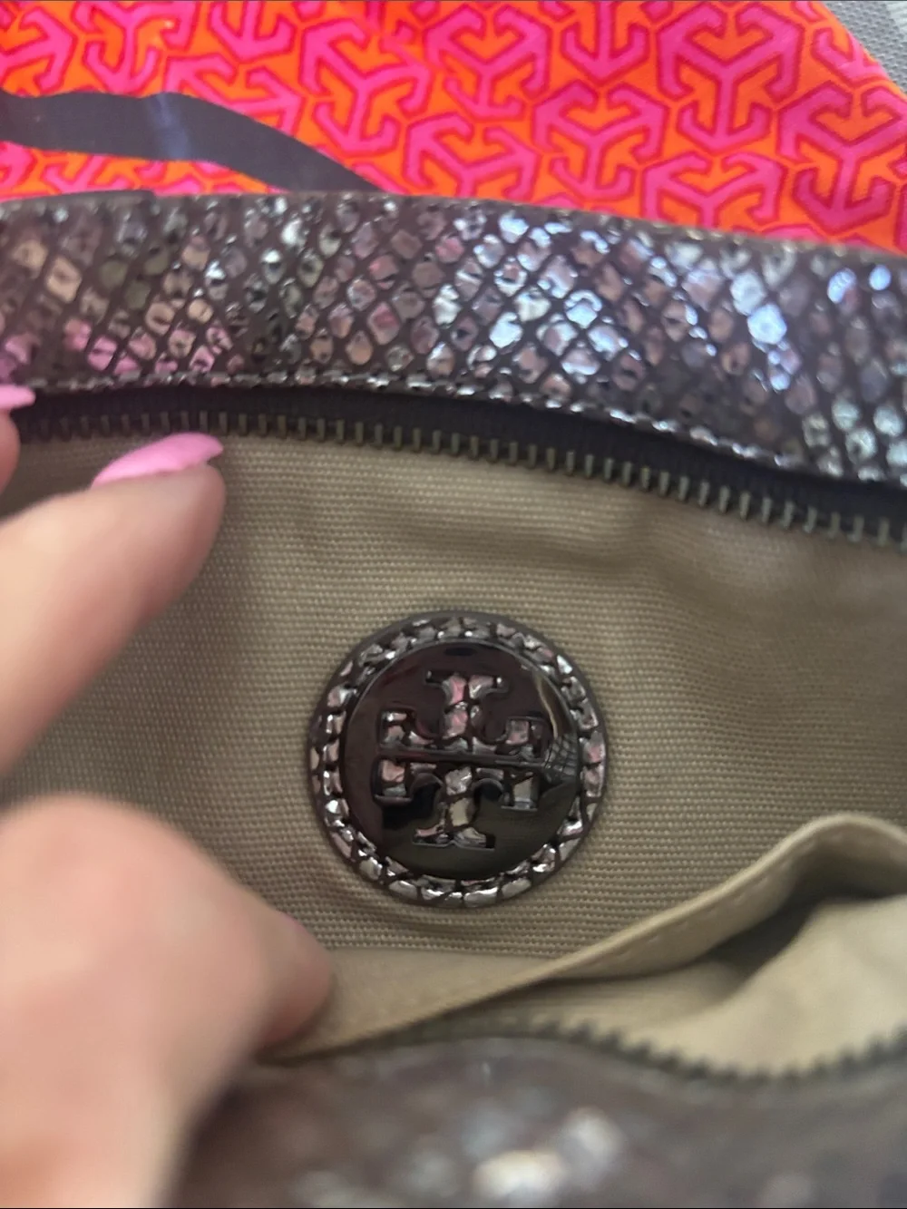 Tory Burch Silver Metallic Mesh Clutch with Logo Snap